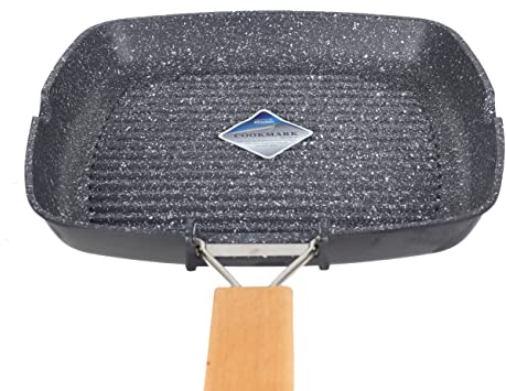 Zilan Poêle à griller 24 cm Base à induction Antiadhésive Poêle grill en bois Poignée pliable en aluminium pour plaques de cuisson Intérieur Carré BBQ Poêle grill, Noir