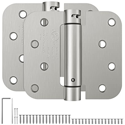 HOSOM Self Closing Spring Loaded Hinges, 4 Inch, Adjustable Tension for Garage, Front, Back Door, UL Listed, Left and Right Hand, 5/8'' Radius Corners, Brushed Nickel, 2 Pack