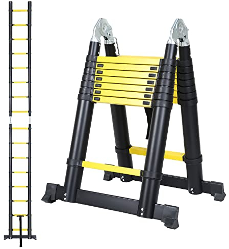 Cecaylie Scala telescopica telescopica in alluminio, 5 m, 2,5 m + 2,5 m, scala telescopica allungabile, portata massima 150 kg, colore nero