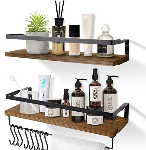 AGM Wandregal Holz 2er Set mit Handtuchhalter, schwimmende Regale Wand aufbewahrungs Regal Hängeregal Ideal für Badezimmer Küche Wohnzimmer Büro Schlafzimmer（mit Haken）