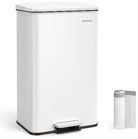 SONGMICS Mülleimer Küche, 40 Liter Abfalleimer, großer Tretmülleimer, mit Deckel, aus Stahl, Softclose, inklusive 15 Müllbeutel, weiß LTB540W4002