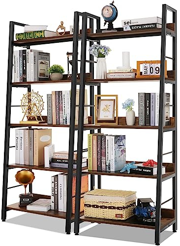 Himimi Ladder Shelf Set of 2, 5-Tier Ladder Bookcase, Industrial Bookshelf Wood and Metal Bookshelves, Plant Flower Stand Rack Book Storage Shelves for Living Room, Bedroom, Home Office, Rustic Brown