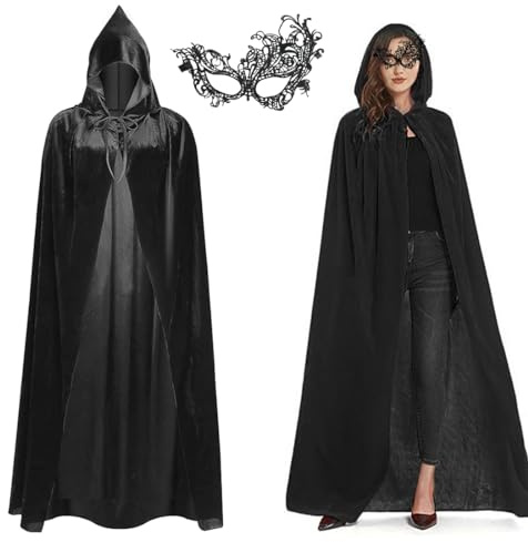 Aurasky Schwarzer Umhang mit Kapuze, Umhang Halloween mit Maske, Vampir Umhang Samt, Halloween Kostüm Damen, für Erwachsene Unisex Halloween Karneval Maskerade Fasching Party