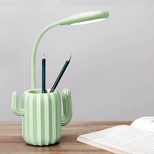 Lampe de bureau LED rechargeable – Lampe de table en forme de cactus mignon avec porte-stylo pour enfants, contrôle tactile, col de cygne (lumière blanche) vert