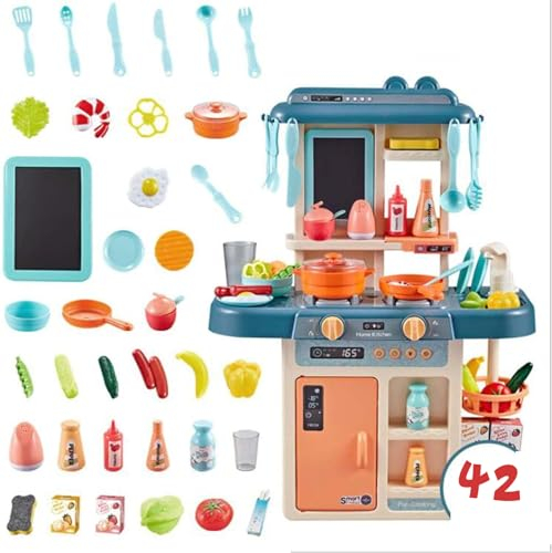EVERGD Kitchen Cooking Play Set Cookware Playset Role Playing Toy Game with Light and Sound Features Gifts for Children Kids (Green-42 Accessories)