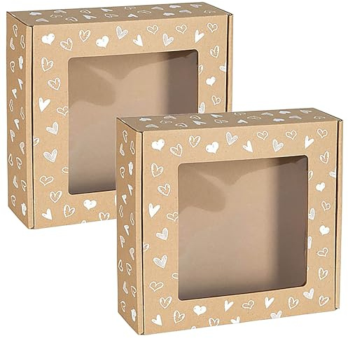 sarcia.eu Quadratische Mailer-Box mit Sichtfenster, Geschenkschachtel mit weißem Herzaufdruck 20x20x5 cm x2