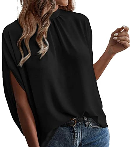 Damen Elegant Bluse Casual Lose Tunika Shirt Hinten Schnüren Verspotten Nacken Dolman-Ärmel Oberteil T Shirt Sommer Einfarbig Top