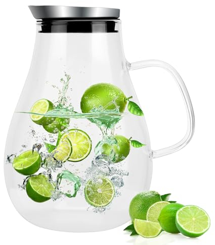 Auauraintt 2L Jarras Agua Cristal, Jarra de Vidrio con Tapa, Jarra de Agua de Vidrio de borosilicato, Hervidor Resistente al Calor, para Agua fría/Caliente, Vino, té Helado y Bebidas de Jugo