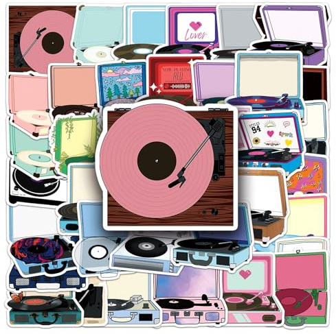 50PCS Record Player Stickers for Skateboard,Water Bottle,Scrapbook,Car,Helmet,Luggage,Guitar,Computer,Laptop,Bike,Cup,Waterproof Vinyl Music Decals,Gift for Adults Boys Girls Teens