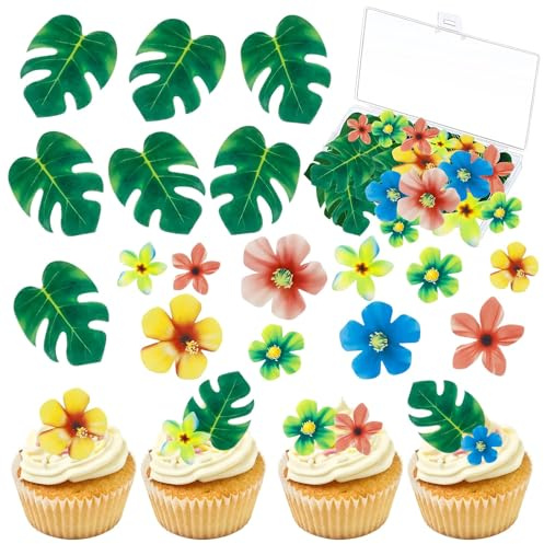 83 Stück Esspapier Tortendeko mit 35 Essbare Blumen + 48 Essbare Blätter | Tortendeko Essbar Hawaii Cupcake Topper für Dschungel Geburtstag Dekoration