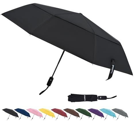 TradMall Travel Umbrella, 42 Inches Double Vented Canopy Windproof Automatic Strong Compact Folding Umbrellas for Rain Women and Men, Black