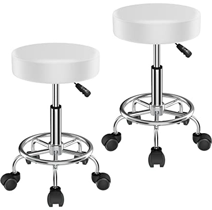 HAMHAIGO 2 Set Bürohocker Höhenverstellbar, Stehhocker um 360°drehbarer, Ergonomischer Hocker Höhenverstellbar Sitzhöhe 49-64cm, Arbeitshocker, Rollen und Hebefunktion Weiß