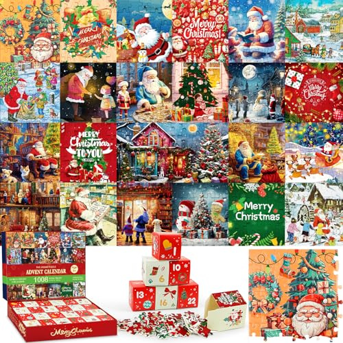 Puzzle Adventskalender 2025, 1008 Teile Weihnachts Countdown Kalender Familienurlaub Puzzles, 24 Boxen Weihnachtspuzzle für Countdown bis Weihnachten für Erwachsene