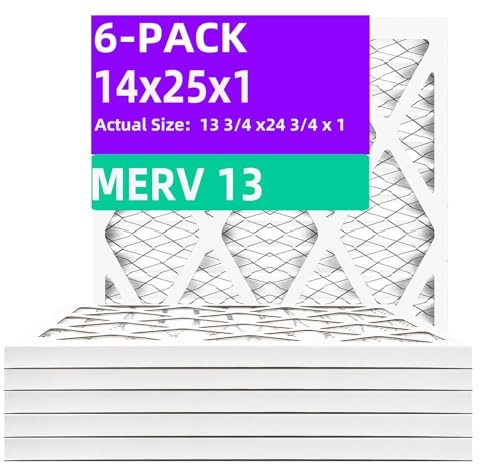 Qingzhug 14x25x1 MERV 13 (6-Pack) Pleated Air Filter (Actual Size: 13.75 x 24.75 x 0.75) MPR 1900 & FPR 10, Furnace Air Filters