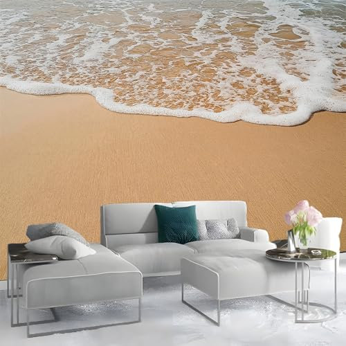 Carta da parati Fotomurale 350x256cm, Spiaggia Mare Onde Moda Decorazione da Muro, Giallo Fango Moderne Decorazione Soggiorno Camera De Letto Sala Ufficio Fotomurali In Tessuto Non Tessuto