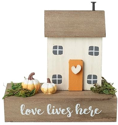 Heaven Sends Wooden Love Lives Here Autumnal Houses Decoration Cream/Orange 12cm x 11cm x 6cm Autumn Decoration Pumpkin Themed Décor Halloween Perfect for Home Kitchen Living Room Tabletop