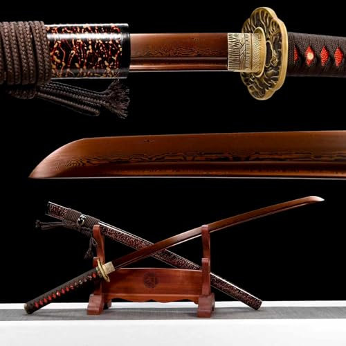103cm handgefertigtes Katana,Musterstahl klinge mit roter Handwerkskunst,Handschutz aus reinem Kupfer und Scheide aus massivem Holz,echtes Samurai schwert für Rollenspiele,Heimdekoration,Fitness,Iaido