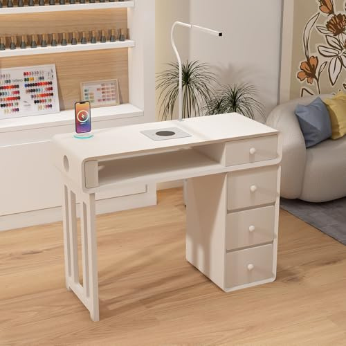 UKETO 100 CM Tavolo Manicure Moderno con Aspiratore e Illuminazione Nascosta – Tavolo per Unghie Multifunzionale con Ricarica Wireless per Saloni di Manicure e Uso Domestico