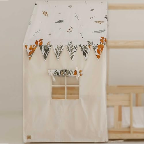 Moi Mili Betthimmel-Haus-Optik Hausbett-Vorhang Print Stoffvorhang 400 x 125 cm Betthimmel in Hausform mit Fenster für Kinderbett Bettdekoration Hausbetthimmel Hausbett Dekoration