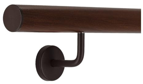 TIBU Corrimano in alluminio noce decorazione legno 30 – 600 cm corrimano da parete in acciaio inox, lunghezza 480 cm con 5 supporti e tappo dritto