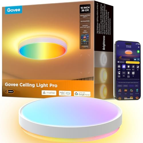 Govee Deckenlampe RGBIC 48,5W, Smart Led Deckenleuchte 4300lm Kompatibel mit Matter, Alexa & Google Assistant, Deckenlampe Led Ø38cm Lamp Dimmbar mit Hintergrundbeleuchtung für Wohnzimmer Schlafzimmer