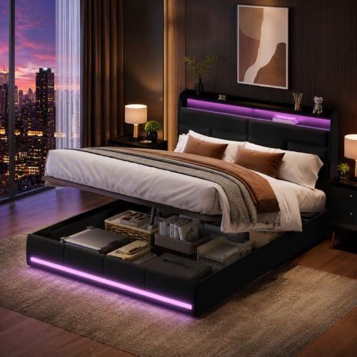 PerGar Polsterbett 140x200 mit LED-Kopfteil, Doppelbett mit Bettkasten, Jugendbett Boxspringbett mit Stauraum, Stauraumbett Bettgestell mit Lattenrost, PU, Ohne Matratze, Schwarz