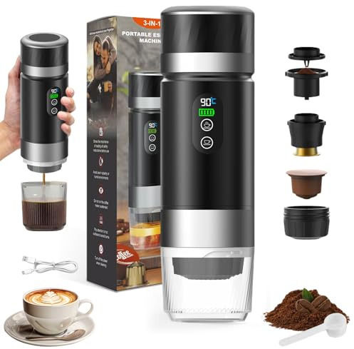 Vtizikl Portable Coffee Maker, 3-in-1 Portable Coffee Maker, Compatible with Small & Large Capsules, Ground Coffee, 7500 mahSelf-Heating, USB-C, Ideal for Camping, Office & Home (Black)