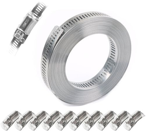 Bmeigo 3.5m/11.48ft Hose Clips Set 304 Stainless Steel - Adjustable Hose Clamp with 10 Fasteners Cut-to-Size Worm Drive Hose Strap for Fuel Line, Taps, Pipes, Plumbing, Intercooler Tube