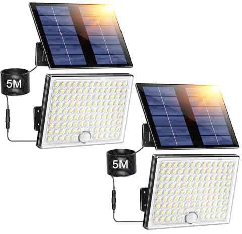 Giliwosy Focos Led Exterior Solares, Luz Solar Exterior con Sensor de Movimiento con 2000mAh Batería Recargable 4 Modes IP65 Impermeable, Luces Led para Jardín con Cable de 5M