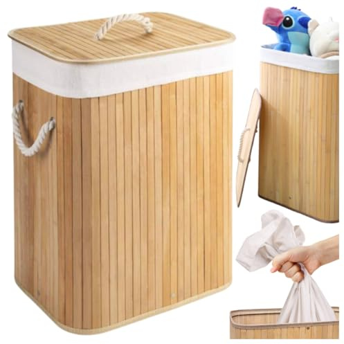 ZOLTA Wäschekorb mit Deckel, 80 Liter, Wäschesammler aus Bambus, faltbar, Wäschesack herausnehmbar und maschinenwaschbar, mit Griffen, für Waschküche, Schlafzimmer, Naturfarben Weiß