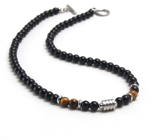 Collana da Uomo in Pietre e Cristalli, Collana da Uomo con Perle di Pietre Naturali e Cristalli, Collana in occhio di tigre e ossidiana