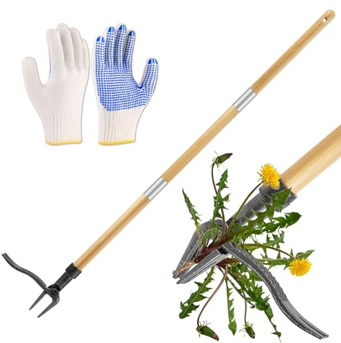 SHGarden Unkrautstecher 117cm Langem Stiel Unkraut Entferner Stehen Unkrautjäter Werkzeug Manuelles Abnehmbare Unkraut Entferner mit 4-Krallen Fußpedal und Handschuh für Rasenflächen Park SH003