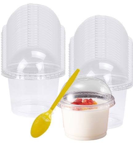SFHKZCM 50 Pack 250ml Reusable Dessert Cups with Lids & Spoons - Serving Bowl for Ice Cream, Cheesecake, Fruit, Yogurt, Drinks - Leakproof Durable Storage Containers