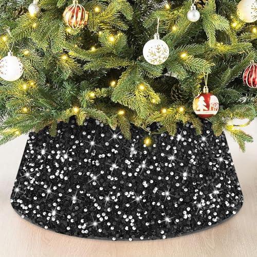 SilverChry Jupe de Sapin de Noël, Cache Pied Sapin de Noel, Jupe pour Arbre de Noël avec Paillettes 60×40cm, Couvre Pied de Sapin de Noel, Décoration de Festive Nouvel an (Noir)