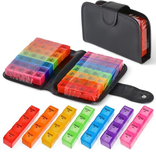 MIJOMA Pillenbox 2 Wochen mit 14 bunten Tagesboxen – Medikamentenbox mit 4 Fächern (Morgen, Mittag, Abend, Nacht) – Pillendose im Buchetui schwarz
