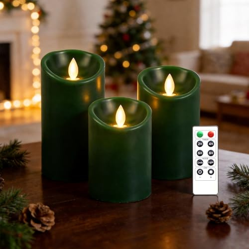 AnnSpa 3 Sets Candela LED Senza Fiamma a Batteria con Telecomando, Cera Vera Mossa tremolante stoppino Sfarfallio Ambra Candele gialla per Regalo e Campeggio Decorazione (Verde)