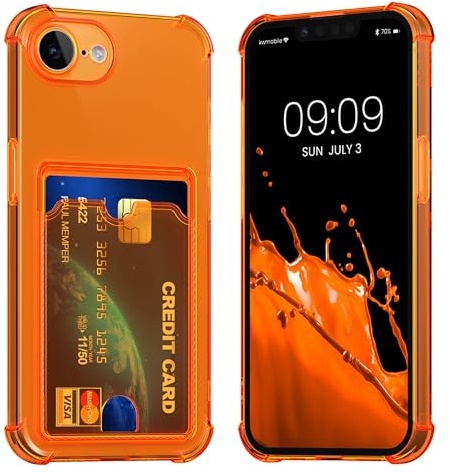 kwmobile TPU-fodral med kortplats kompatibelt med Apple iPhone 16e fodral – stöttåligt plånbok smartphone-fodral – inbyggd korthållare – fruktig orange/genomskinlig