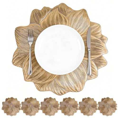 6er Platzsets Set, Elegante Florale PVC Tischsets 38cm, Abwaschbar Platzteller, Hitzebeständig Platzdeckchen, Schmutzabweisendfür Tischmatten, für Weihnachten Hochzeit Hotel Party (Golden)