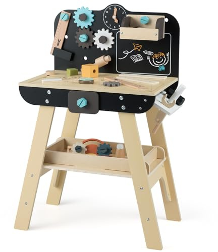 COSTWAY Kids Tool Bench, Wooden Workbench with Play Tools Set, Storage Shelves, Chalkboard, Toddlers Construction Pretend Role Play Set for Ages 3 +