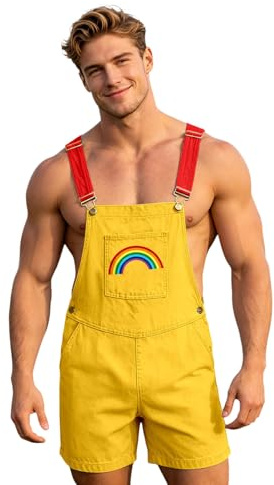 Mono de peto corto para hombre, diseño de arcoíris, con tirantes ajustables, pantalones de trabajo ligeros, ajuste holgado, pantalones de trabajo, pantalones cortos cargo de un solo color, O amarillo
