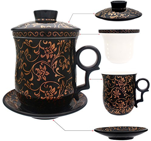 HOLLIHI Porzellan Teetasse mit Deckel und Untertasse-Ei Sets - Chinesischer Jingdezhen Keramik Kaffee Tasse Teetasse Loose Leaf Tea Brewing System für Home Office