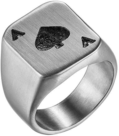 Flongo Herrenring Männer Ring Daumenring, Edelstahl Ring Bandring Siegel Ringe Biker Silber Spielkarte Pik A Spades A Poker Karten Herren-Accessoires Größe 71