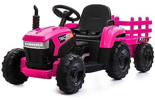 TOBBI Kids Electric Ride On Toy Tractor, Toddlers 12V Battery-Powered Car to Drive, 35W Dual Motor 6-Wheels Trailer Vehicle with 3-Speeds/LED & Horn Functions for Chirdren Aged 3-8-Pink