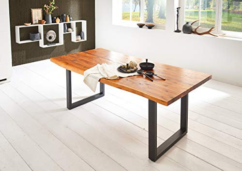 SAM Esszimmertisch Inka 120 x 80 cm, Akazienholz massiv, cognacfarben, Baumkantentisch mit Metallgestell in schwarz, Baumtisch-Platte 35 mm