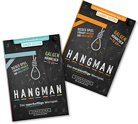 DENKRIESEN - Hangman Duo - Classic Edition & Junior Edition | Galgenmännchen to GO | Spielblock | Partyspiel | Reisespiel | Wichtelgeschenk | Geschenkidee | Rätselblock - Spiel ab 2 Personen