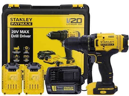 STANLEY FATMAX SCD700D2K - Taladro cepillado inalámbrico reversible de 20 V y 13 mm con 2 baterías de iones de litio de 2.0 Ah, 1 cargador, caja de cambios de 2 velocidades y luz de trabajo LED