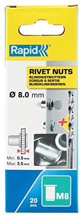 RAPID - Écrous à Sertir M8 en Acier, pour Fixation par 1 Seul Côté, Idéal pour la Fixation de Matériaux Très Fins en Apportant un Filetage - Foret Inclus - 20 Pièces, Emballage Carton (5001482)