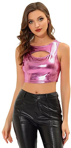 Allegra K Top Corto metálico Brillante sin Mangas para Mujer Disfraz de Halloween Rosa Caliente M