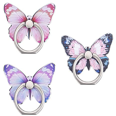 TIESOME Niedlicher Buttery-Handy-Ständer 3 Stück, Schmetterlings-Handy-Ringständer 360° drehbar Metallständer kompatibel mit den meisten Smartphones, Handgriff mit Knaufschlaufe (Rosa, Blau, Violett)