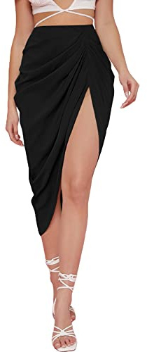 WDIRARA Women's Ruched Hign Split Midi Skirts Side Slit High Waist Wrap Skirt Black XX-Large Plus